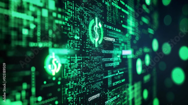 Fototapeta Digital background featuring data and numbers, creating an atmosphere of technology and innovation. A blur effect adds movement to the scene