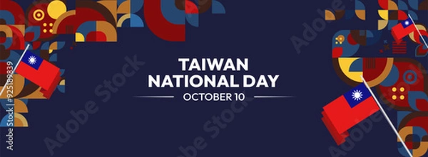 Fototapeta Taiwan National Day banner in modern geometric style. Wide banner greeting card with country flag. Double Tenth Day October 10th as Taiwan national holiday. Happy National Day of the Republic of China