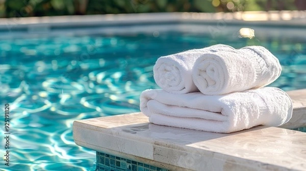 Fototapeta White Towels Suggested: Three white towels piled on a poolside ledge, representing cleanliness, elegance, and a tranquil getaway, invite enjoyment and relaxation, Generative AI.
