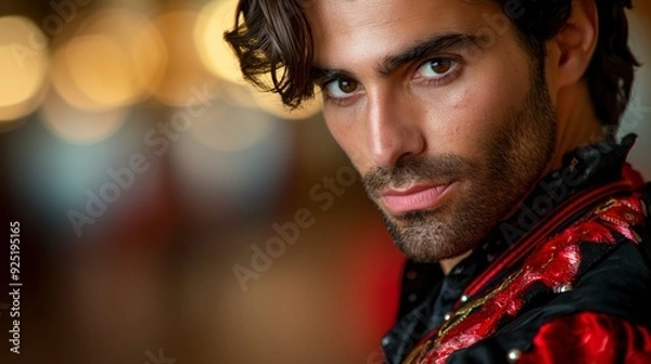 Obraz A close-up portrait of a man with an intense gaze, set against a backdrop of blurred bokeh lights, creating a dramatic and captivating effect.
