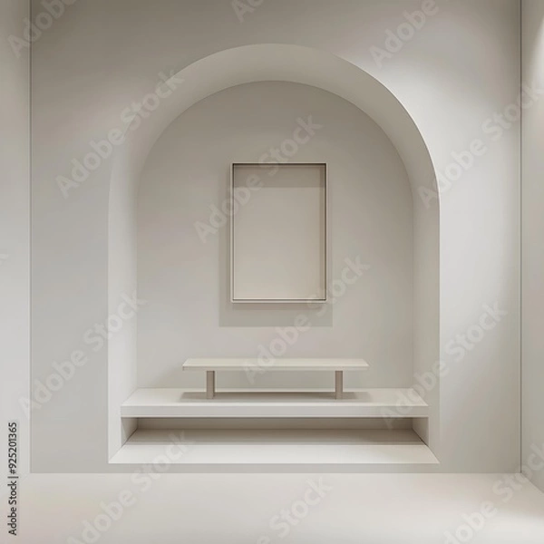 Fototapeta Minimalist White Room Interior Design with Arch and Shelf