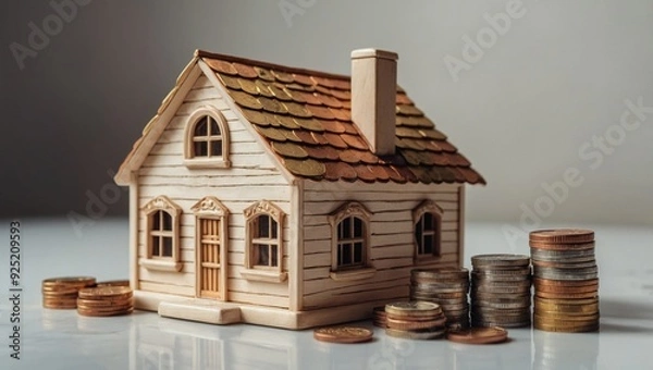 Fototapeta A view of a toy house and a toy car against a light background, with coins lying next to them.
