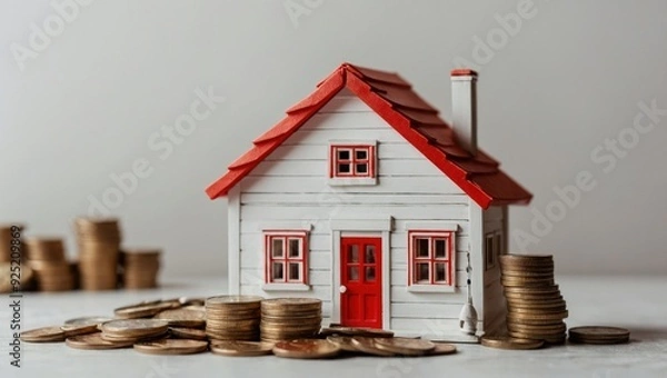 Fototapeta A view of a toy house and a toy car against a light background, with coins lying next to them.