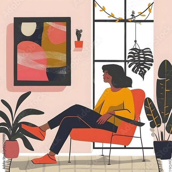 Fototapeta Woman Relaxing in a Chair with Plants