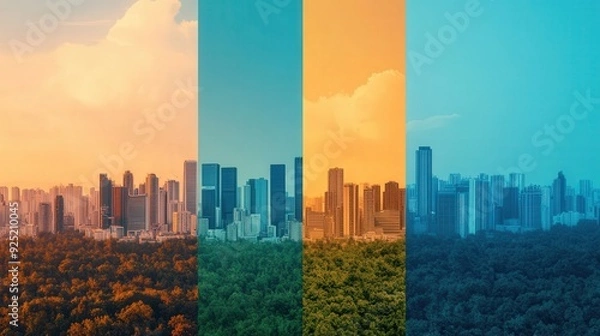 Fototapeta Pollution Prevention Progress, a vibrant collage showcasing the transformation from polluted environments to restored landscapes, celebrating the impact of global pollution prevention initiatives