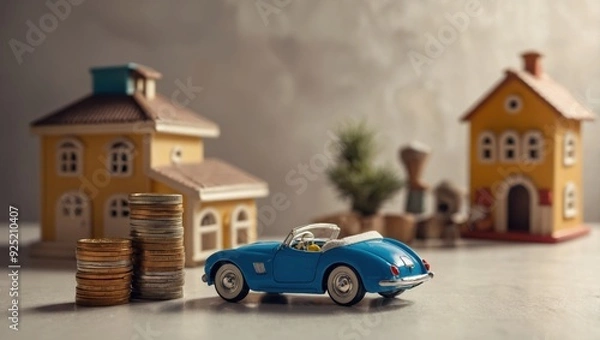 Fototapeta A view of a toy house and a toy car against a light background, with coins lying next to them.