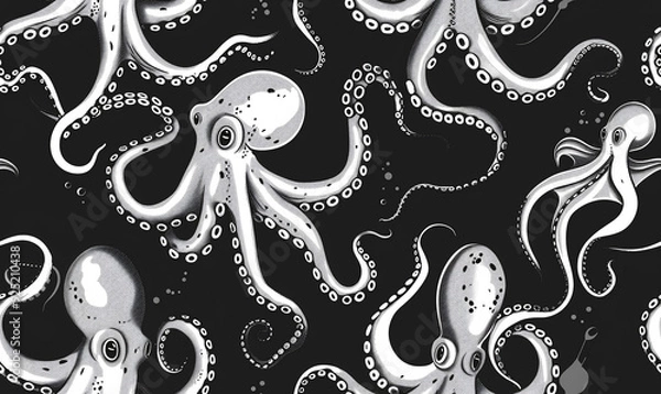 Obraz octopus and squid pattern black and white vector style