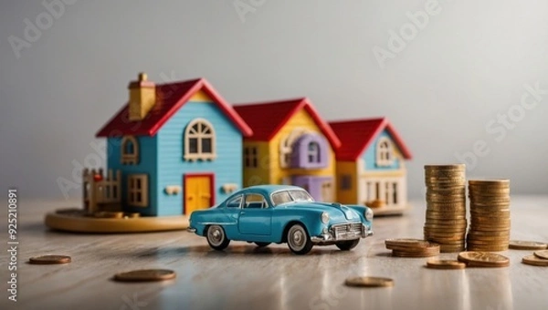 Fototapeta A view of a toy house and a toy car against a light background, with coins lying next to them.