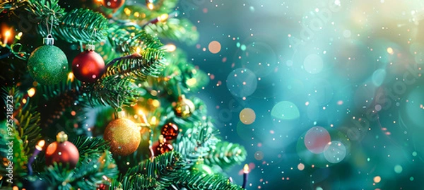 Fototapeta A close-up view of a Christmas tree decorated with colorful ornaments and twinkling lights, set against a backdrop of a shimmering winter sky