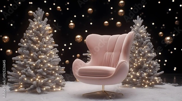 Obraz Pink Velvet Armchair with Christmas Trees and Lights