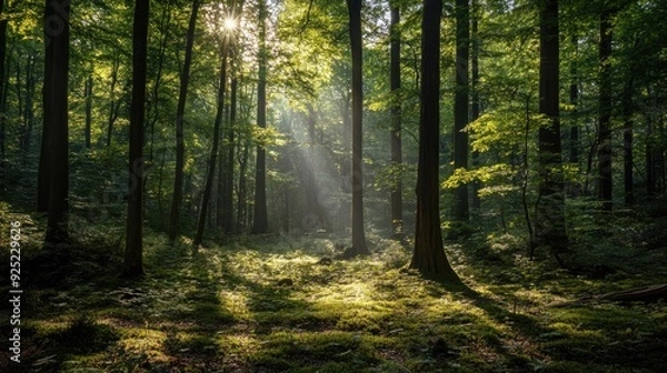 Fototapeta A tranquil forest with green deciduous trees, with sunlight filtering through the canopy, highlighting the beauty of nature
