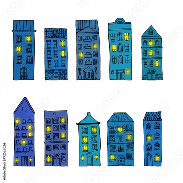 Obraz Set of old town buildings isolated on white background.