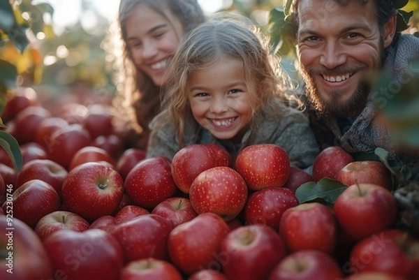 Fototapeta Family gathering apples at an orchard during a sunny afternoon in autumn
