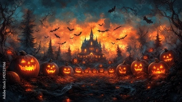Fototapeta Spooky halloween haunted house with glowing pumpkins - generative ai