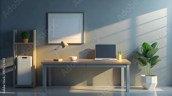 Fototapeta Modern Home Desk WorkPlace, With Laptop, Desk lamp and plant, Background concept.