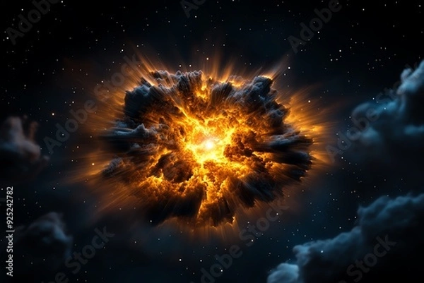 Fototapeta A massive explosion in space, with fiery debris and shockwaves spreading out in all directions.