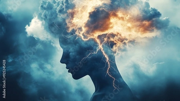 Fototapeta Abstract depiction of peple highlighting the effects of sleep disorders on mental health with clouds and lightning symbolizing the mental storm.