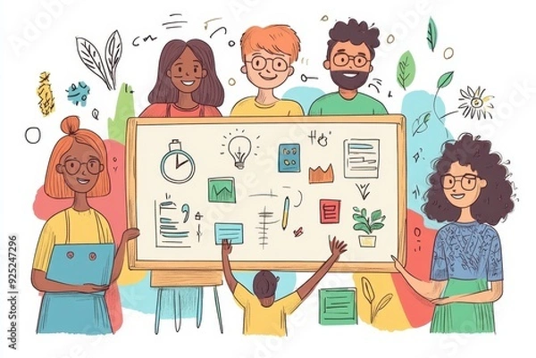 Fototapeta Creative Collaboration: Diverse Team Brainstorming on Colorful Whiteboard in Vector Office Setting