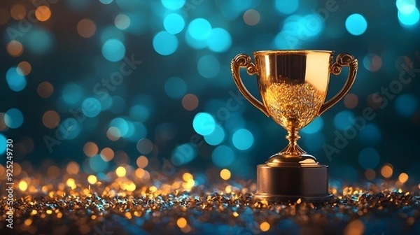 Obraz Golden Trophy on Blue Glitter Background