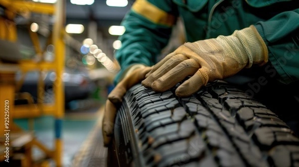 Obraz The mechanic inspecting tire