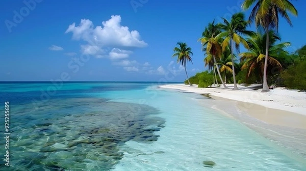 Fototapeta Caribbean location with a white sand shoreline coco hands and a blue water