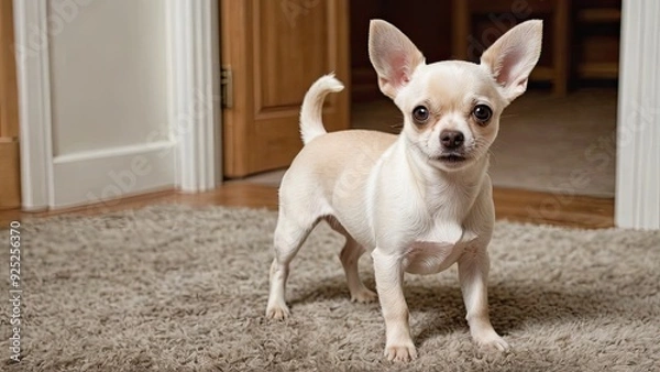 Fototapeta Cream smooth coat chihuahua dog in the living room
