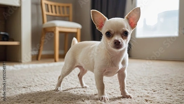 Fototapeta Cream smooth coat chihuahua dog in the living room