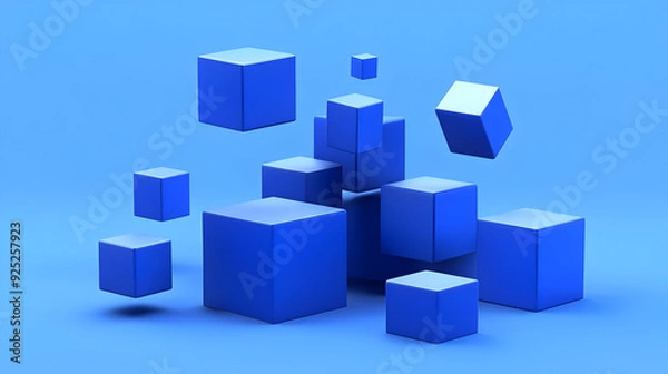 Fototapeta A collection of floating blue cubes against a solid blue background.