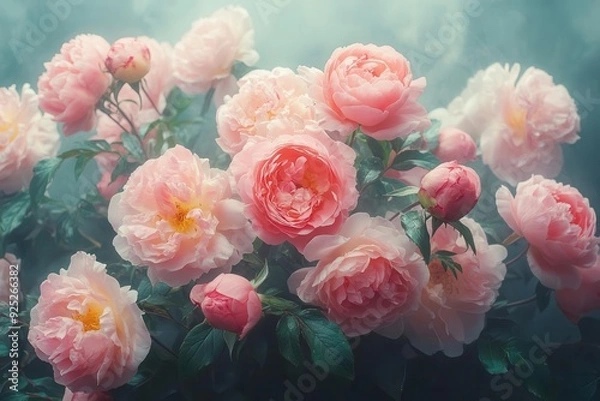 Fototapeta lush pink peonies and roses arrangement dark moody background dramatic lighting vertical composition soft petals rich textures romantic atmosphere vintage aesthetic