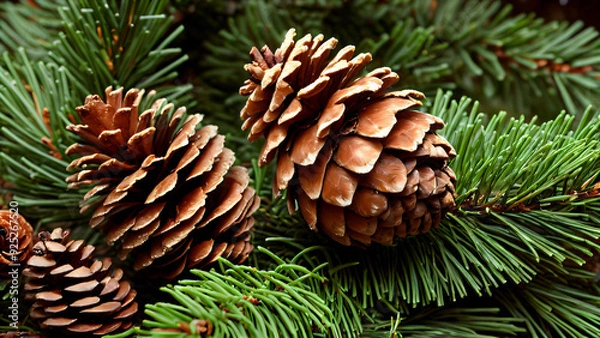 Obraz Symmetry of nature: Ornamental conical shape of pine cones in organic textures with winter shades for a holiday landscape.