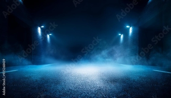 Fototapeta The dark stage shows, dark blue background, an empty dark scene, neon light, spotlights The asphalt floor and studio room with smoke float up the interior 