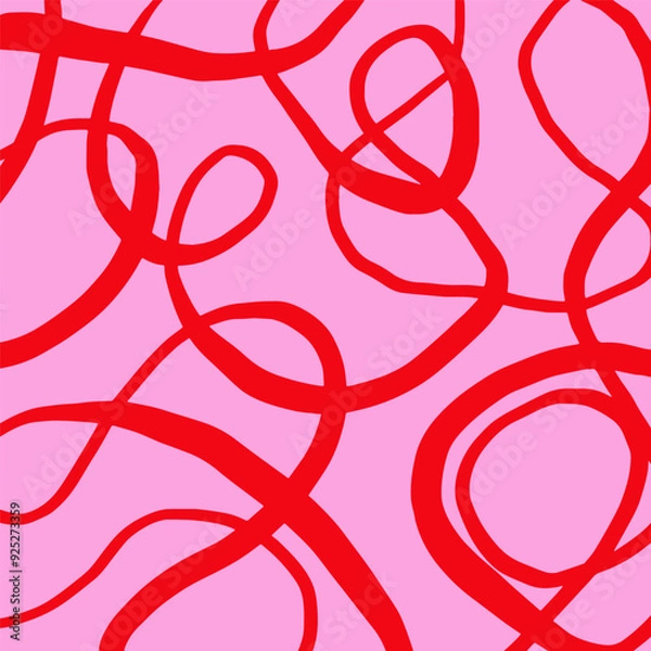 Fototapeta Playful hand drawn pattern, curved red lines of different thickness. Pencil textured lines on pink background, doodle swirls, wavy strokes, crosshatch. Sketch vector illustration.