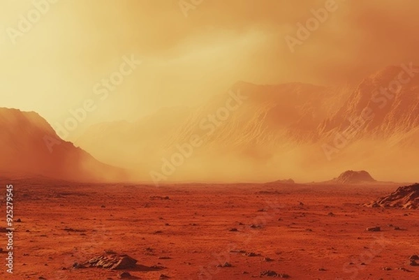 Fototapeta Dramatic mars landscape with intense dust storm atmosphere