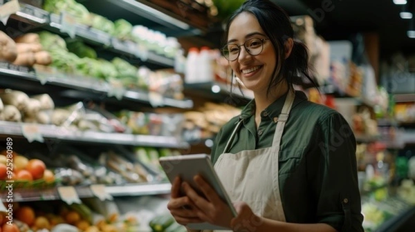 Fototapeta The cheerful supermarket clerk