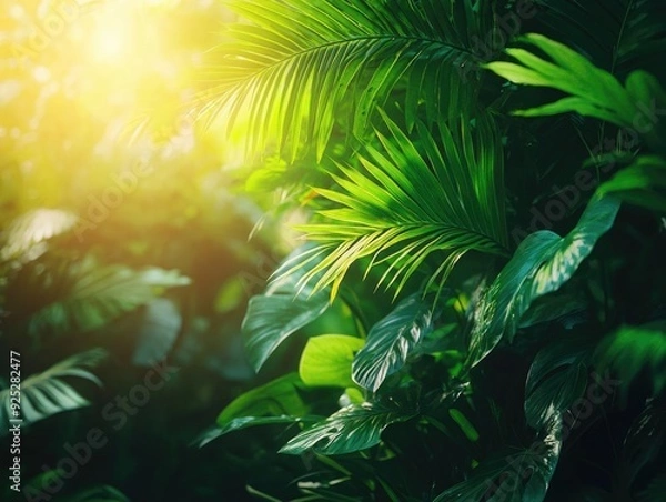 Fototapeta Vibrant green leaves illuminated by sunlight creating a tropical ambiance in a lush environment, perfect for nature enthusiasts.