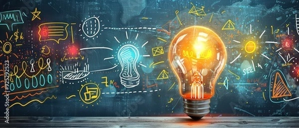 Fototapeta Creative idea concept with glowing lightbulb and colorful sketches on dark background, symbolizing innovation and inspiration.