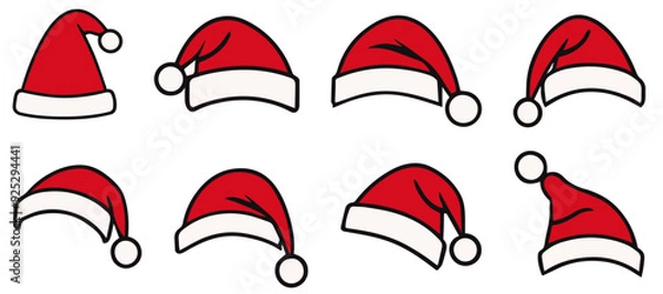 Fototapeta Set of Santa Claus hats isolated on a transparent or white background, vector illustration