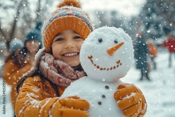 Fototapeta Joyful winter day in snowy park with families from diverse backgrounds