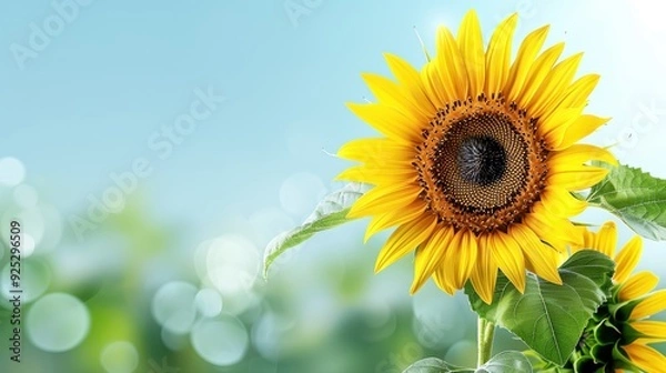 Obraz Bright sunflower in full bloom against a clear blue sky, symbolizing summer's warmth and beauty. Ideal for nature and floral themes.