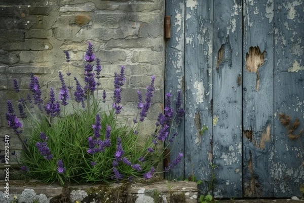 Fototapeta A cluster of purple flowers arranged in front of a blue door, Purple lavender growing in a rustic garden
