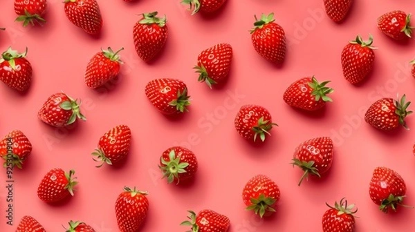 Obraz Closeup view of ripe strawberries scattered on a bright pink background. Seamless Pattern. AI generated images.