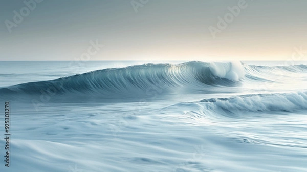 Fototapeta Endless horizon in a minimalist seascape, with light blue and white gradients. Soft, barely breaking waves and a serene, infinite atmosphere.
