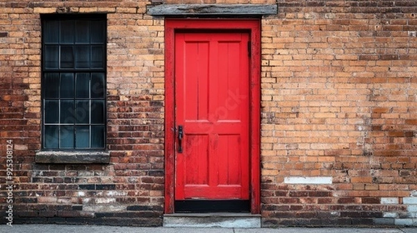 Fototapeta Create 5 prompts for stock photos related to A red door with a black handle sits in front of a brick building with 100-200 characters and ending with