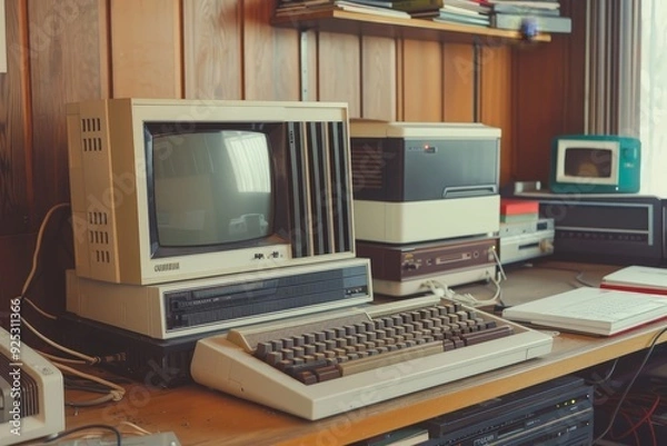 Fototapeta A contemporary desk with a monitor, keyboard, mouse, and various electronic gadgets, Retro computer system with a dot matrix printer