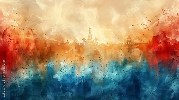 Fototapeta Russian flag with bold white, blue, and red stripes, waving gently in watercolor against a light background with a faint outline of the Kremlin, calm and historical. --ar 16:9 --v 6.0