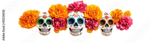 Obraz Colorful decorative skulls with vibrant flowers, celebrating the Day of the Dead tradition with artistry and cultural significance.