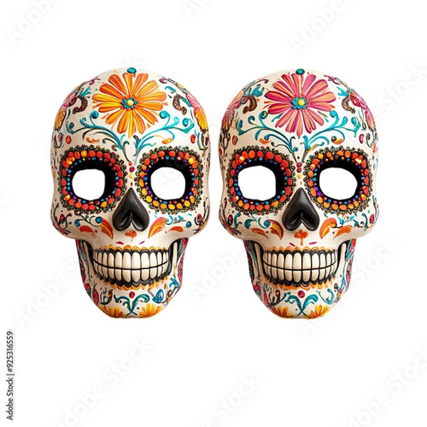 Obraz Colorful decorative skulls adorned with flowers, representing the vibrant culture of Dia de los Muertos.