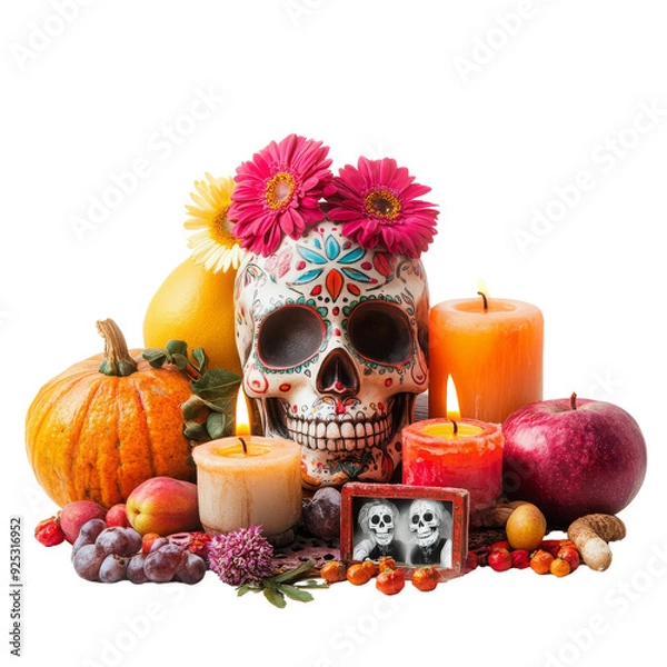 Obraz A vibrant Day of the Dead altar featuring a decorative skull, colorful flowers, candles, and seasonal fruits.
