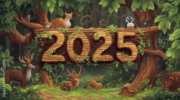 Fototapeta vector illustration, 2025 text made of wood, written on a tree in forest, concept of Happy New Year