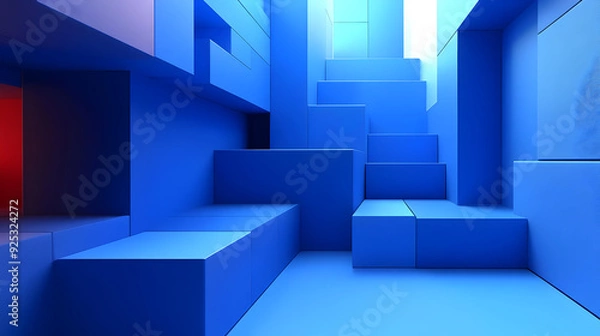 Fototapeta A modern, abstract space featuring blue geometric shapes and stairs.
